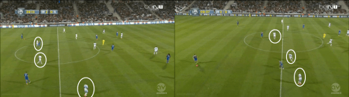 L’OM baisse en concentration et perd sa discipline en fin de première mi-temps. A droite lors du début de match, Ayew, Gignac et Cheyrou font face au ballon et 10 blanc sont dans leur camp, à gauche le bloc se délite et les 3 marseillais ont tourné les épaules.